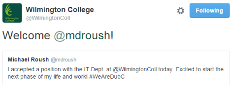 Tweet from WC, "Welcome @mdroush".